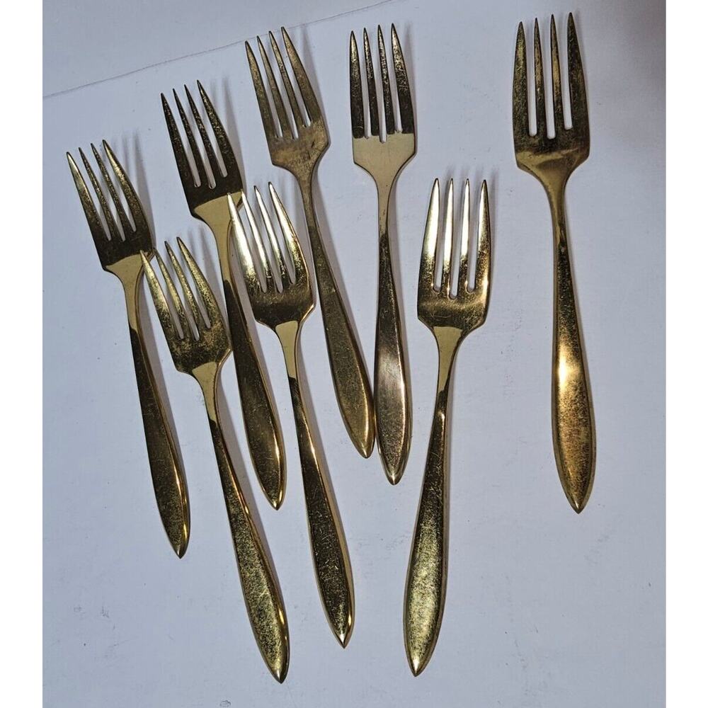 8 Vintage Dirilyte Goldware Flatware 6 1/4” Salad Forks